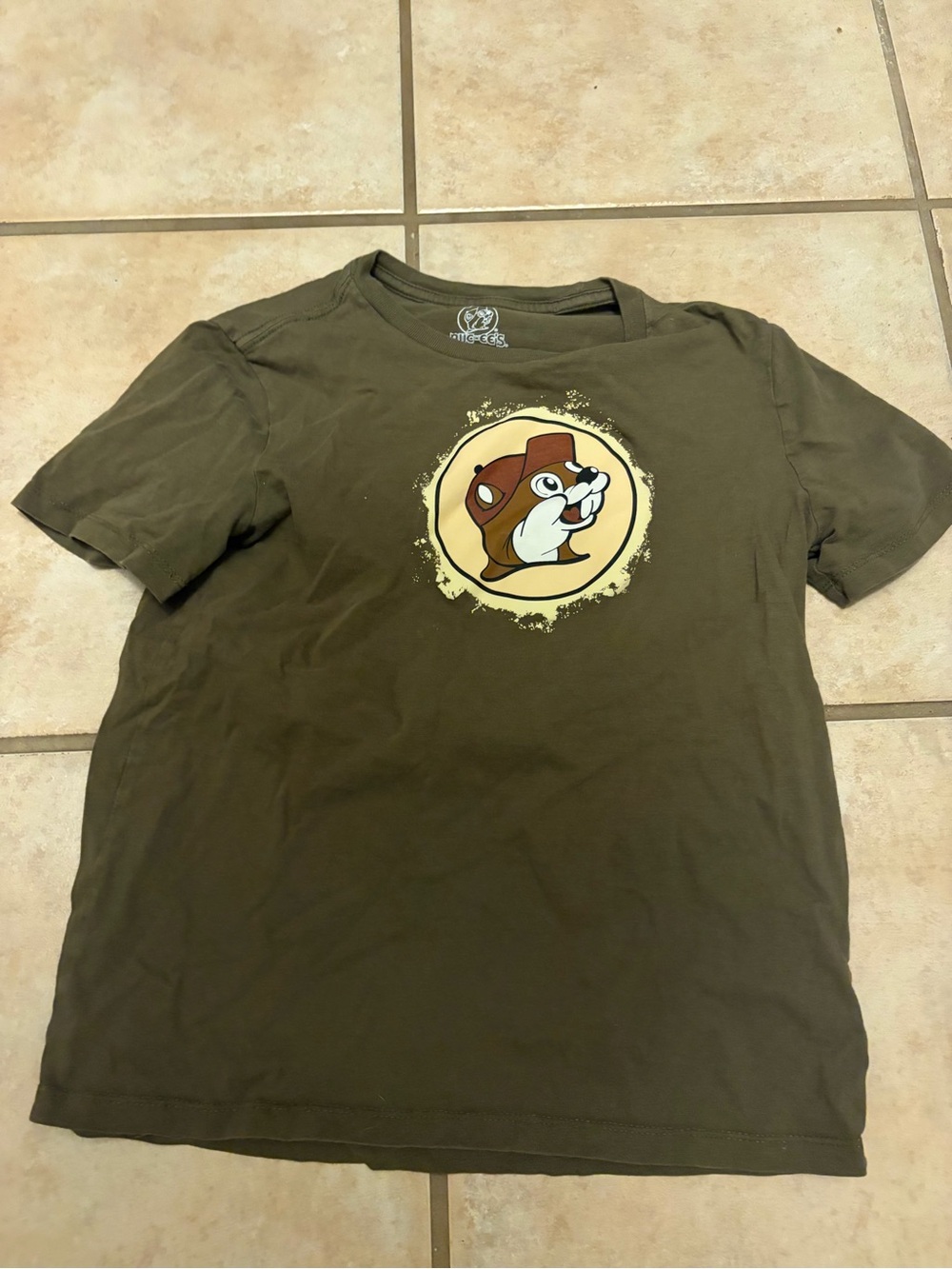 Kids Bucees Olive Green Graphic T-Shirt with Cartoon Beaver
